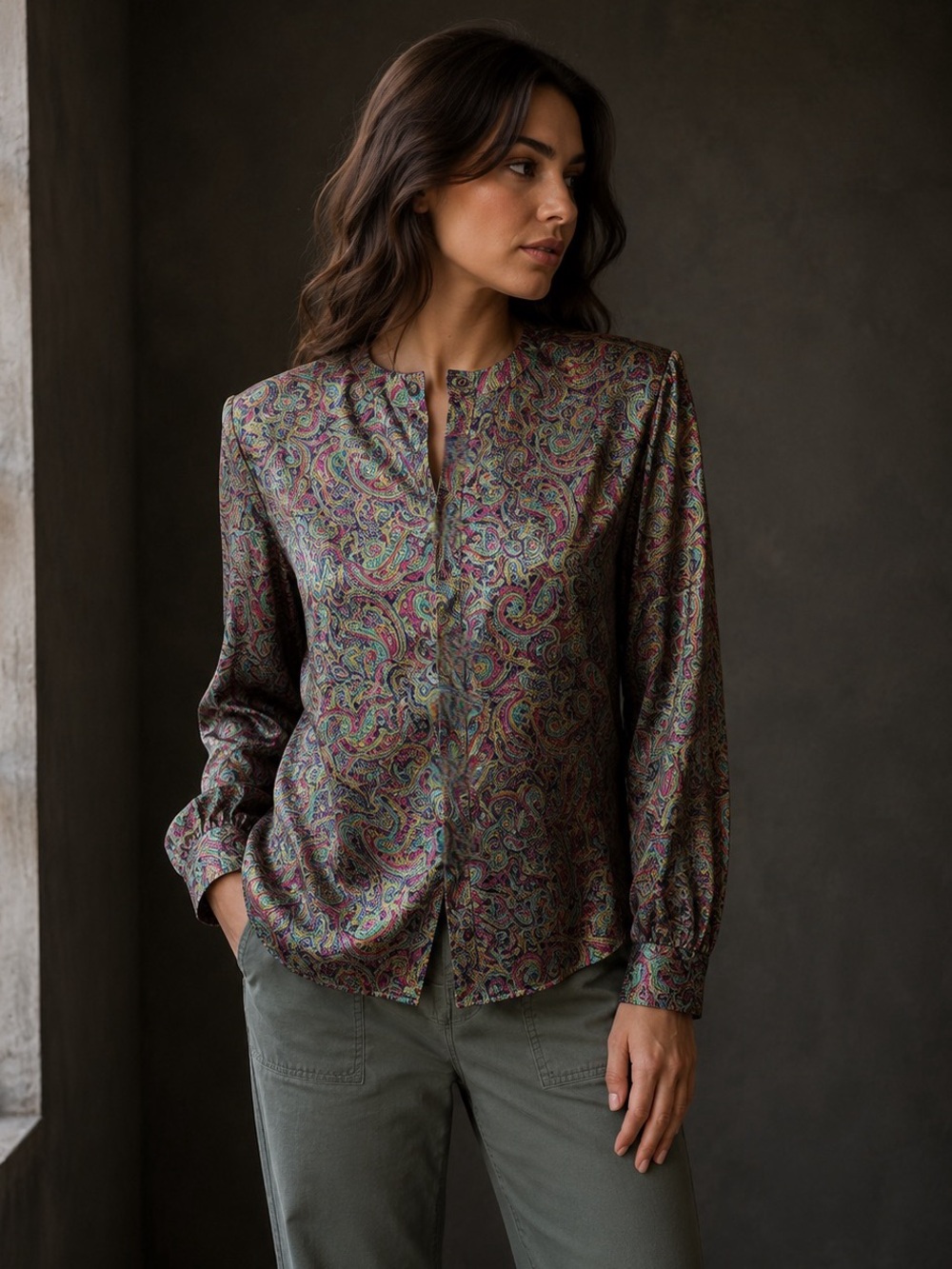 Vintage Notations Wild Purple Multicolor Long Sleeve Button Down Paisley Blouse